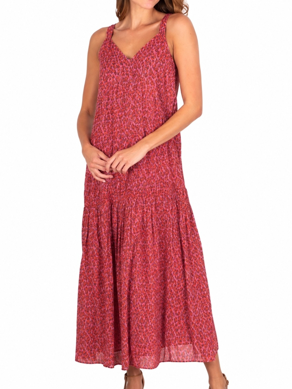Joie Bondi Tea Rose Maxi Dress M Cotton Tiered Boho Cottagecore Pink Red